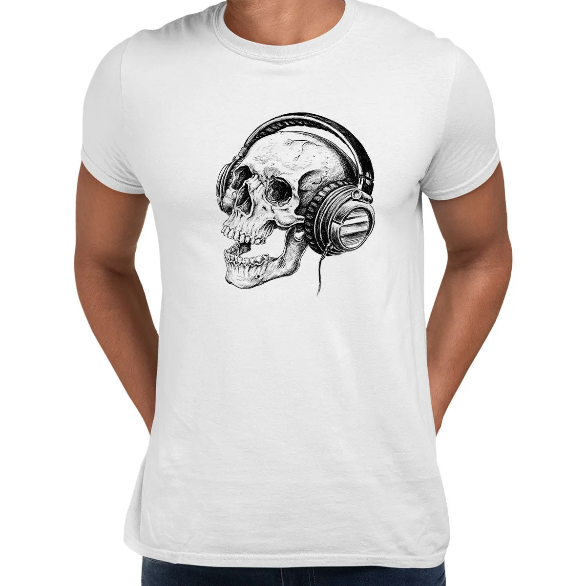 Skull Headphones DTG Printed Mens Tee S-3XL Band Skeleton Music Retro Unisex T-Shirt
