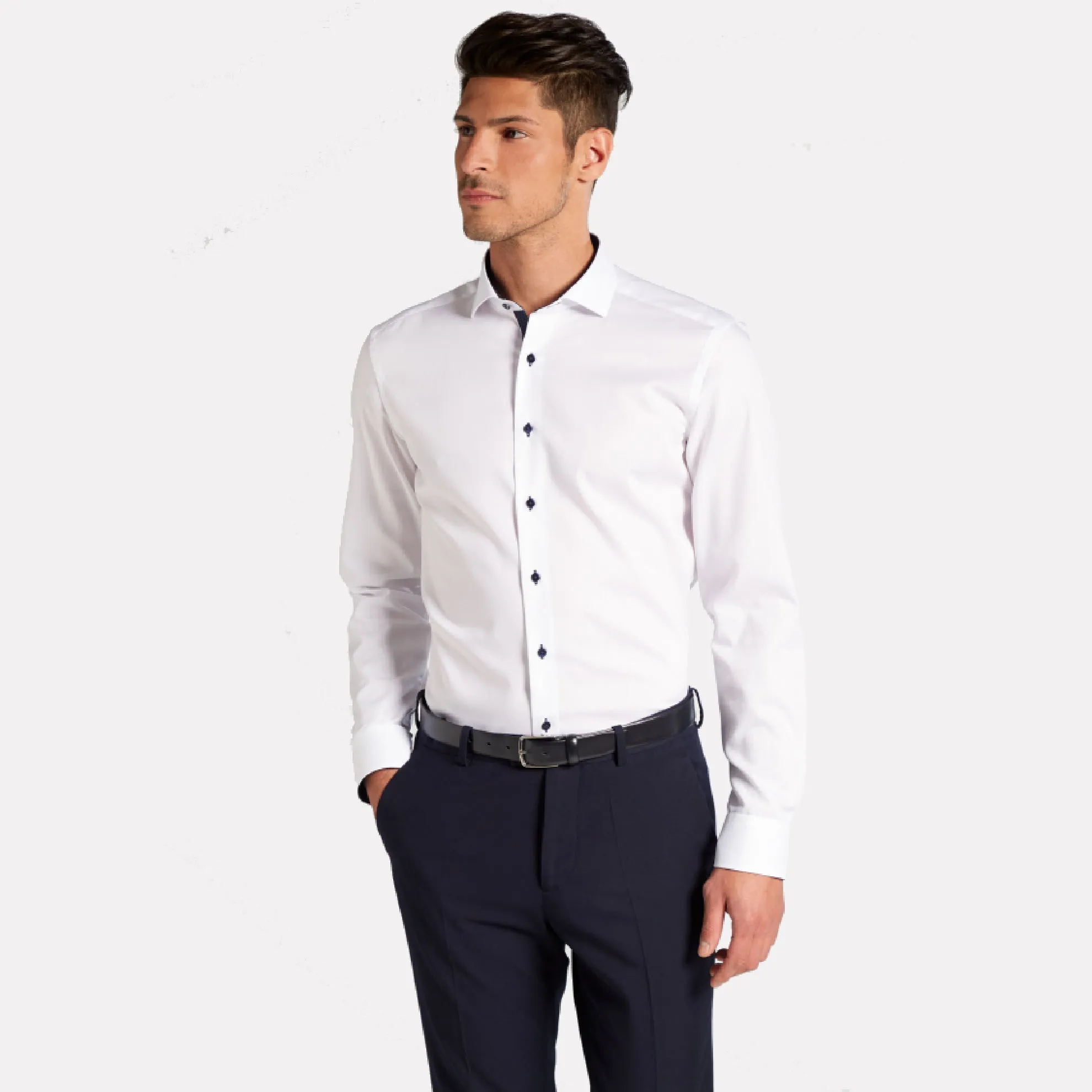 Slim Fit Cutaway Collar Shirt with Contrast Details / White