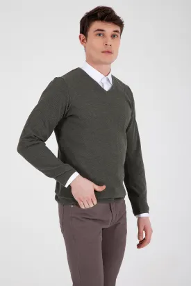 Slim Fit Khaki Cotton Blend V-Neck Sweater