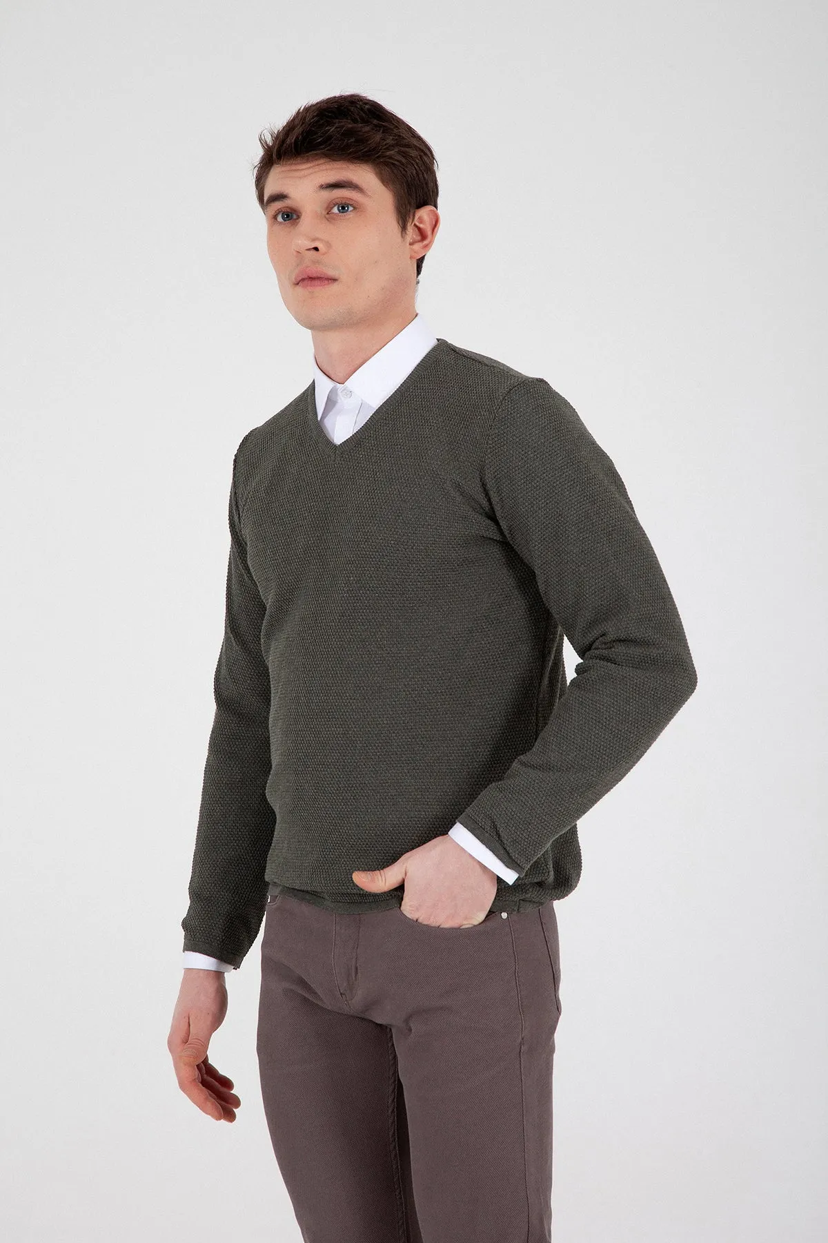 Slim Fit Khaki Cotton Blend V-Neck Sweater