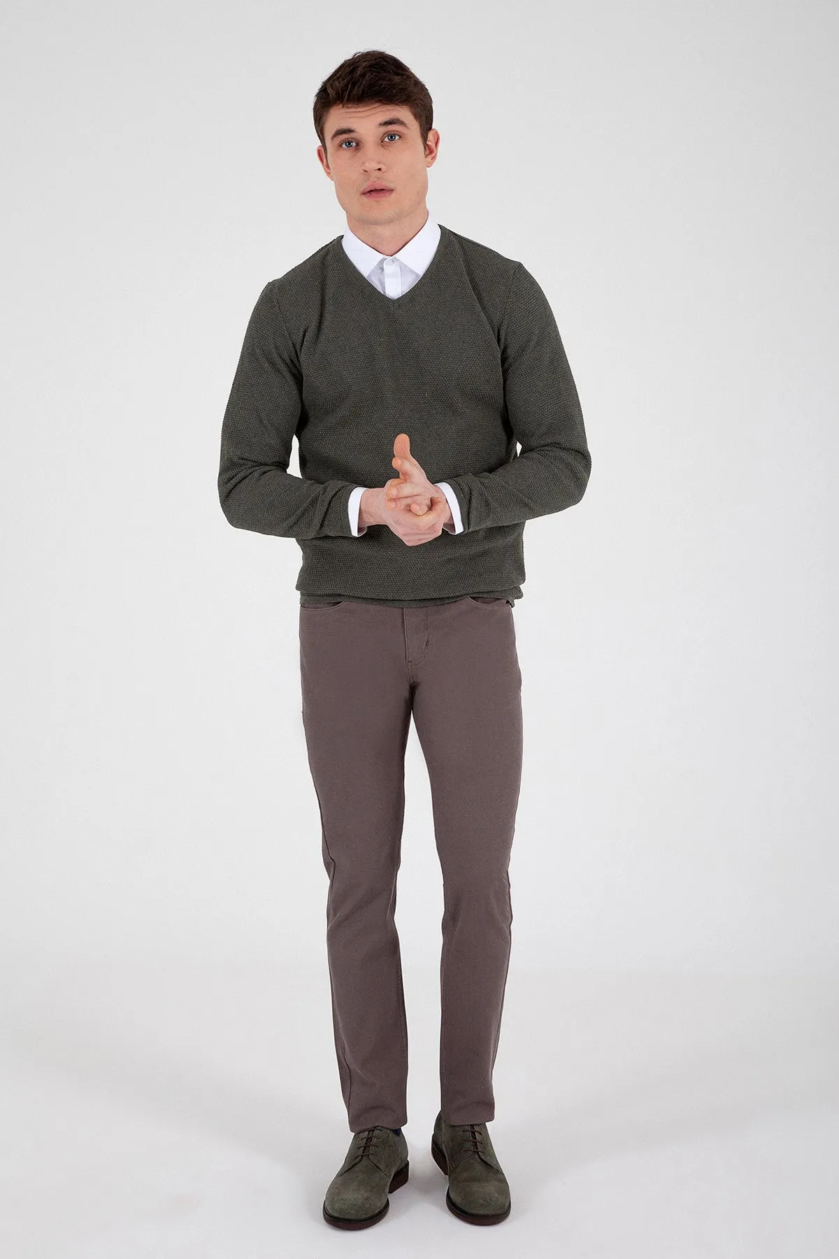 Slim Fit Khaki Cotton Blend V-Neck Sweater