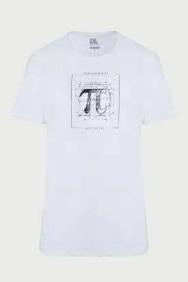Slim Fit White Pi Printed Cotton Crew Neck T-Shirt