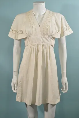 SOLD Vintage 70s Flutter Sleeve Mini Dress, Cottagecore Lace Gauze Mini S
