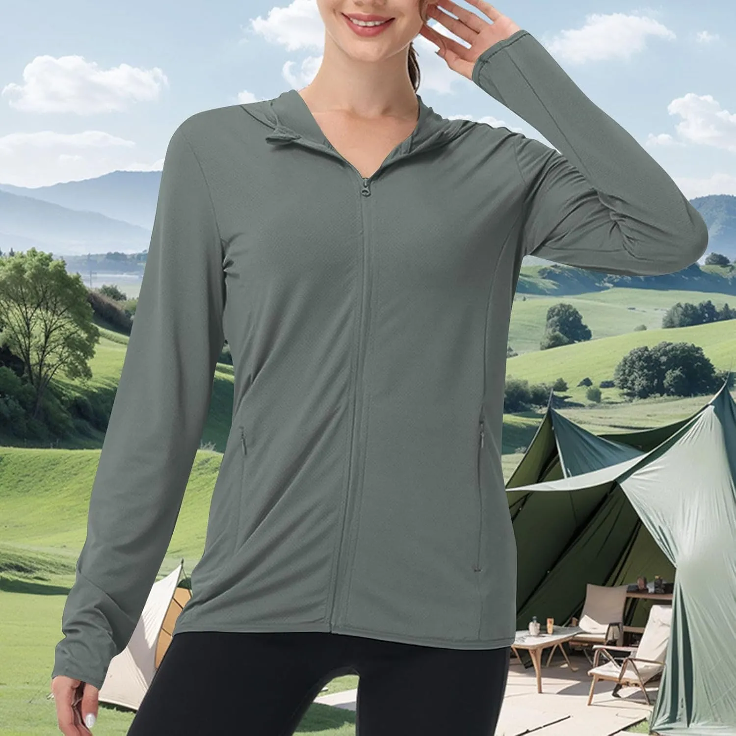 Sun Protection Shirts for Women UPF 50  SPF UV Long Sleeve Zip Up Hoodies Summer Outdoor Hiking Cooling Athletic Jackets
