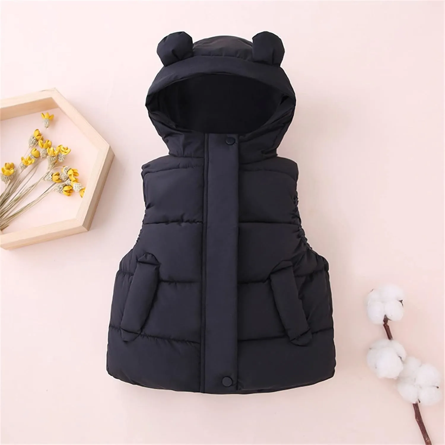 Toddler Boys Girls Light Puffer Vest Coat Bear Ears Hooded Sleeveless Zip Up Outwear Baby Winter Warm Down Jacket