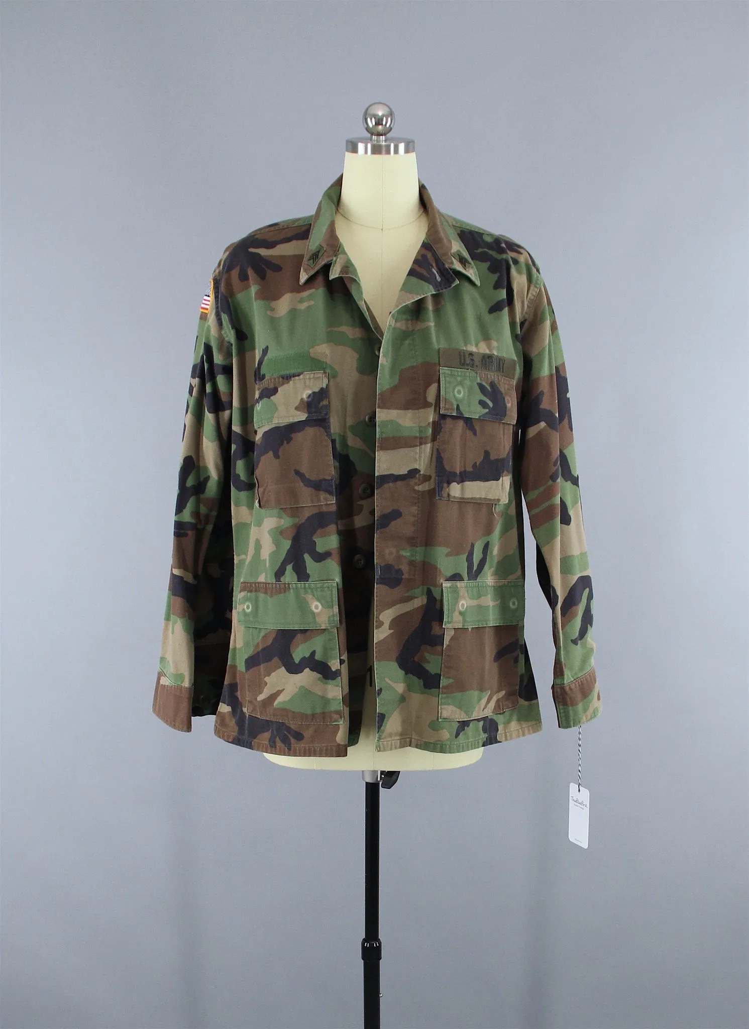 US Army Camouflage Jacket with Pink Floral Embroidery Patch