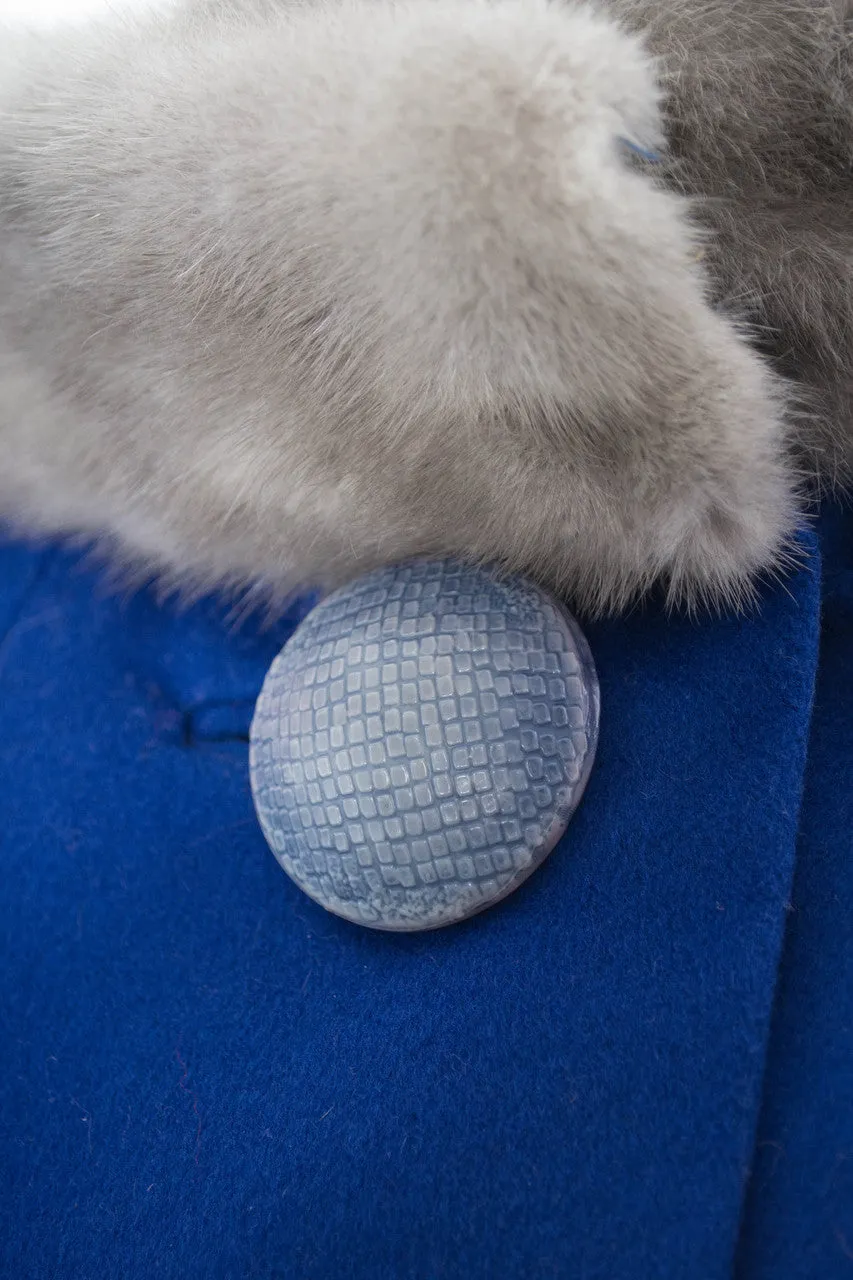 Vintage Blue swing coat with giant buttons and fur collar