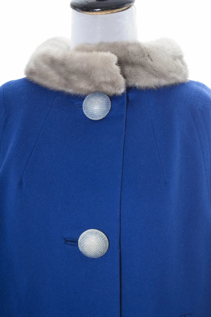 Vintage Blue swing coat with giant buttons and fur collar