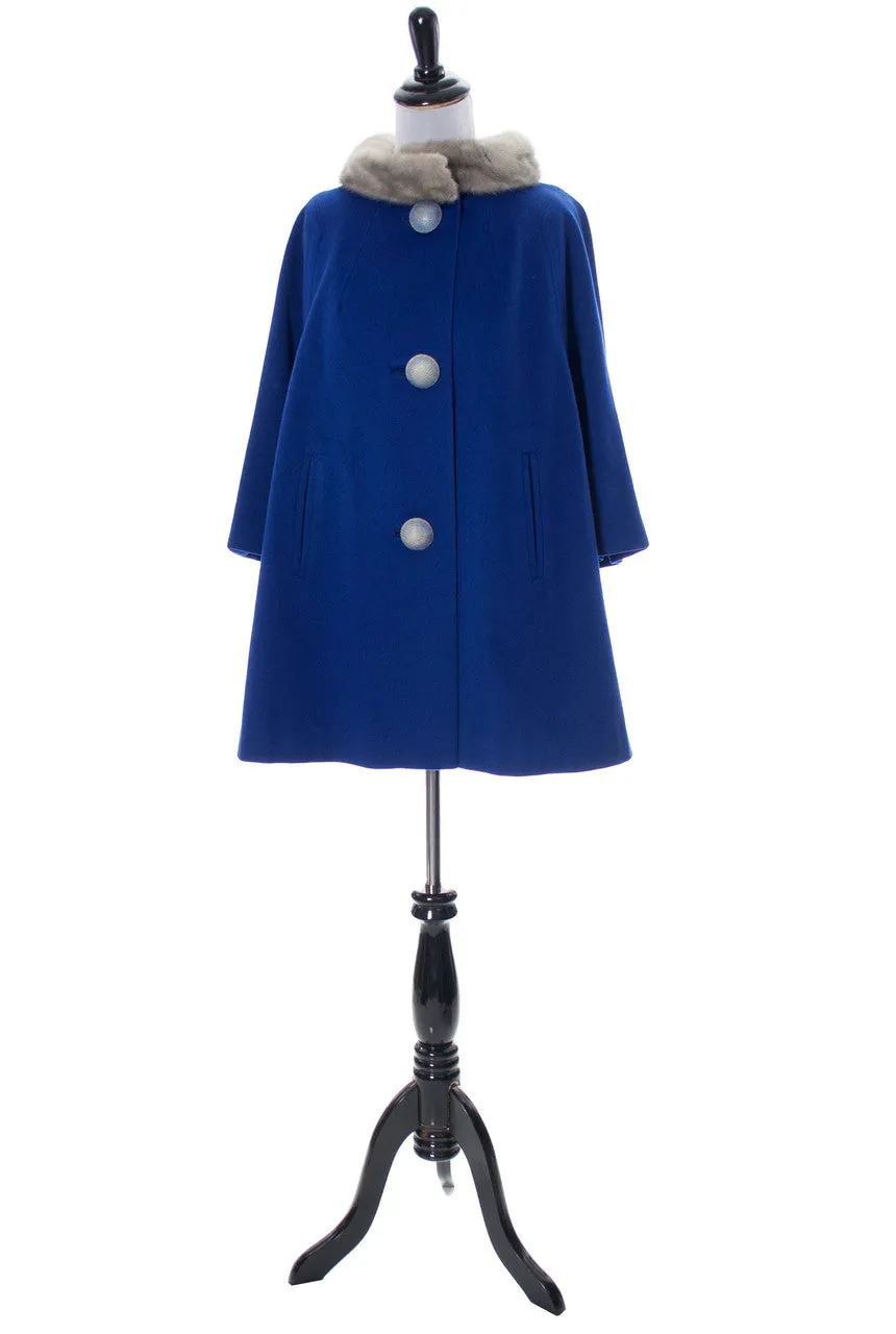 Vintage Blue swing coat with giant buttons and fur collar