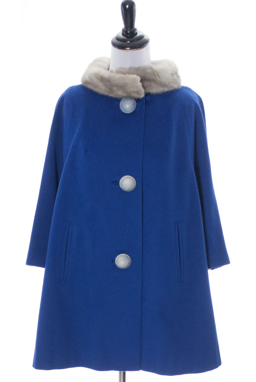 Vintage Blue swing coat with giant buttons and fur collar