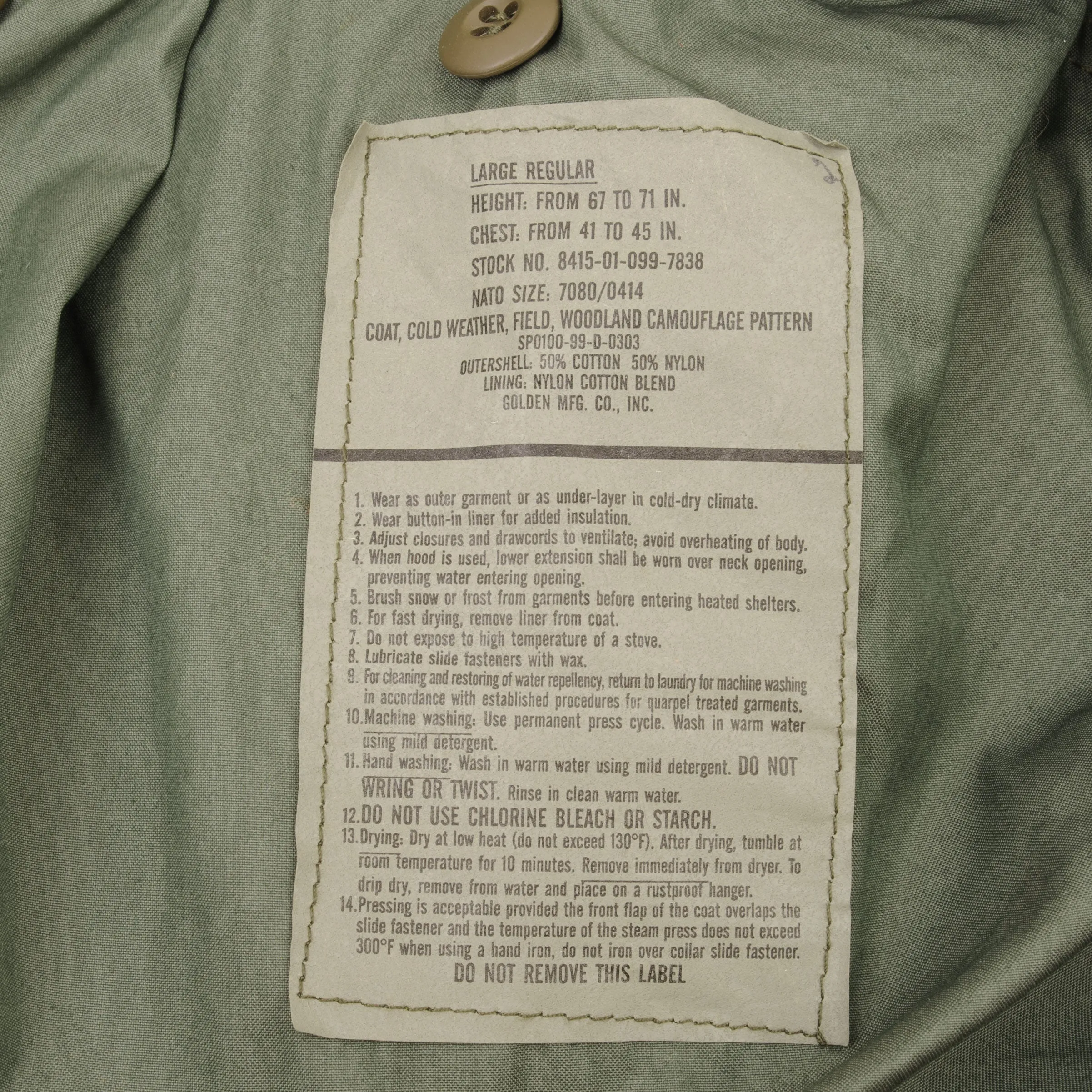 VINTAGE US ARMY M-1965 M65 WOODLAND CAMO FIELD JACKET 1999 LARGE REGULAR