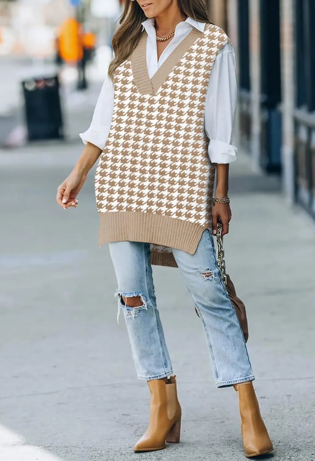 Viottiset Women's Oversized V Neck Knit Sweater Vest Tunic Sleeveless Pullover Top