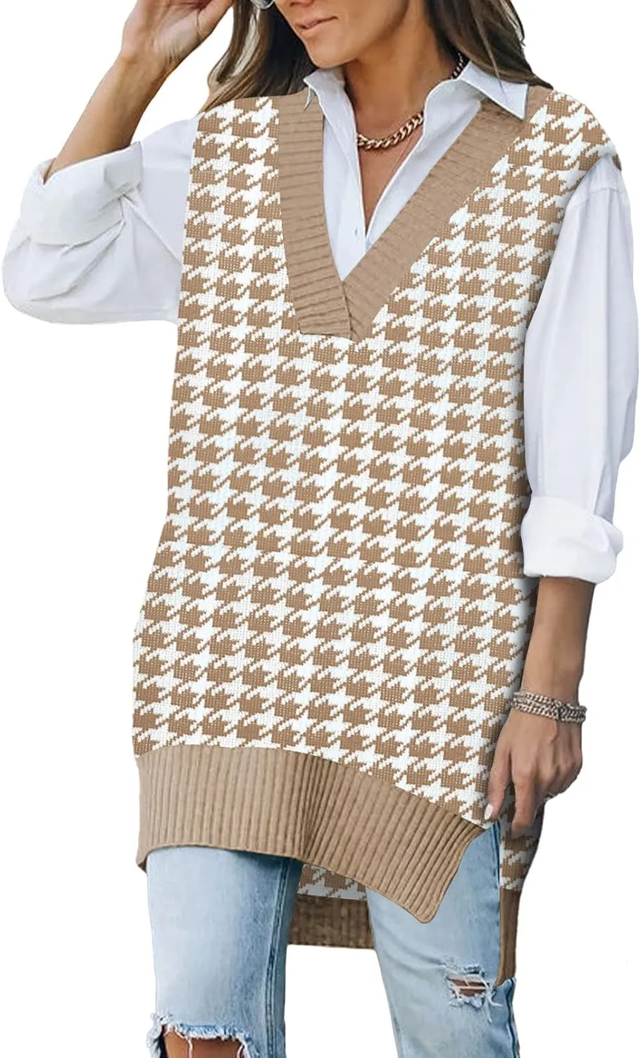 Viottiset Women's Oversized V Neck Knit Sweater Vest Tunic Sleeveless Pullover Top