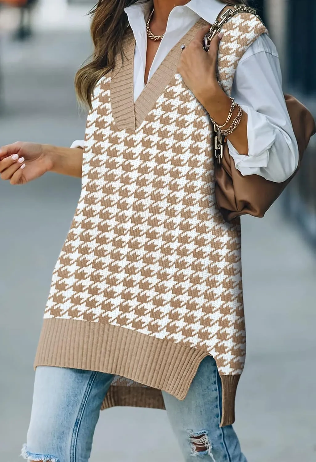 Viottiset Women's Oversized V Neck Knit Sweater Vest Tunic Sleeveless Pullover Top
