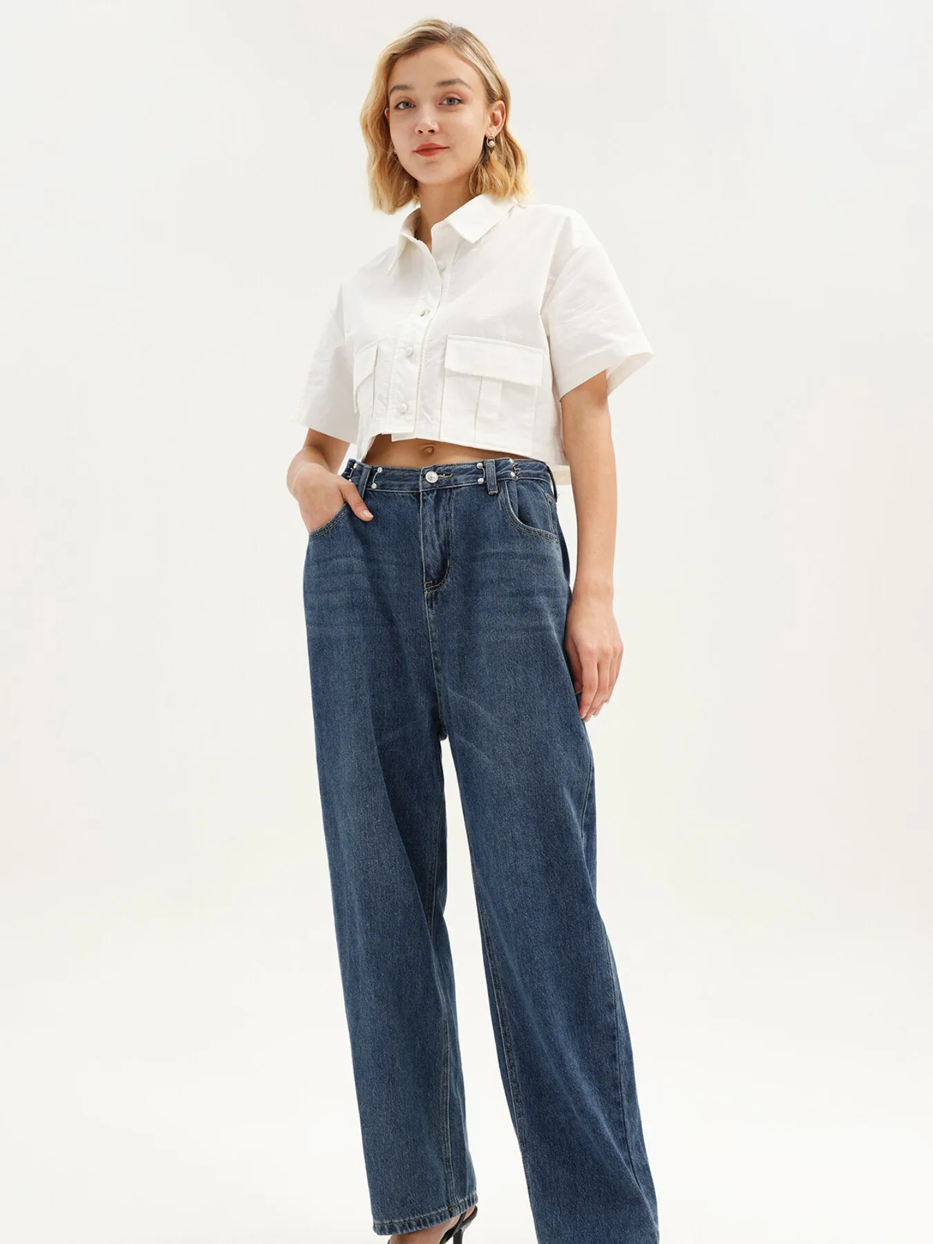 Washed Wide Leg Pocket High Waist Long Jeans
