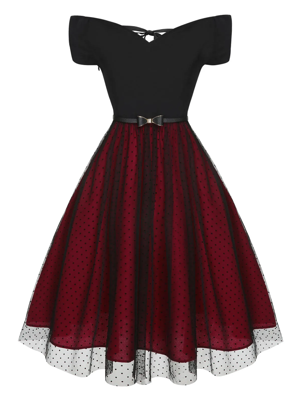 Wine Red 1950s Polka Dots Drop Shoulder Belt Dress