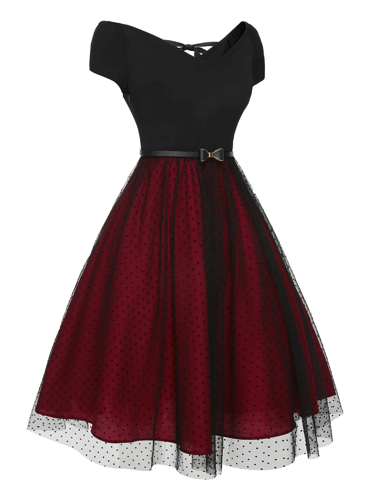 Wine Red 1950s Polka Dots Drop Shoulder Belt Dress