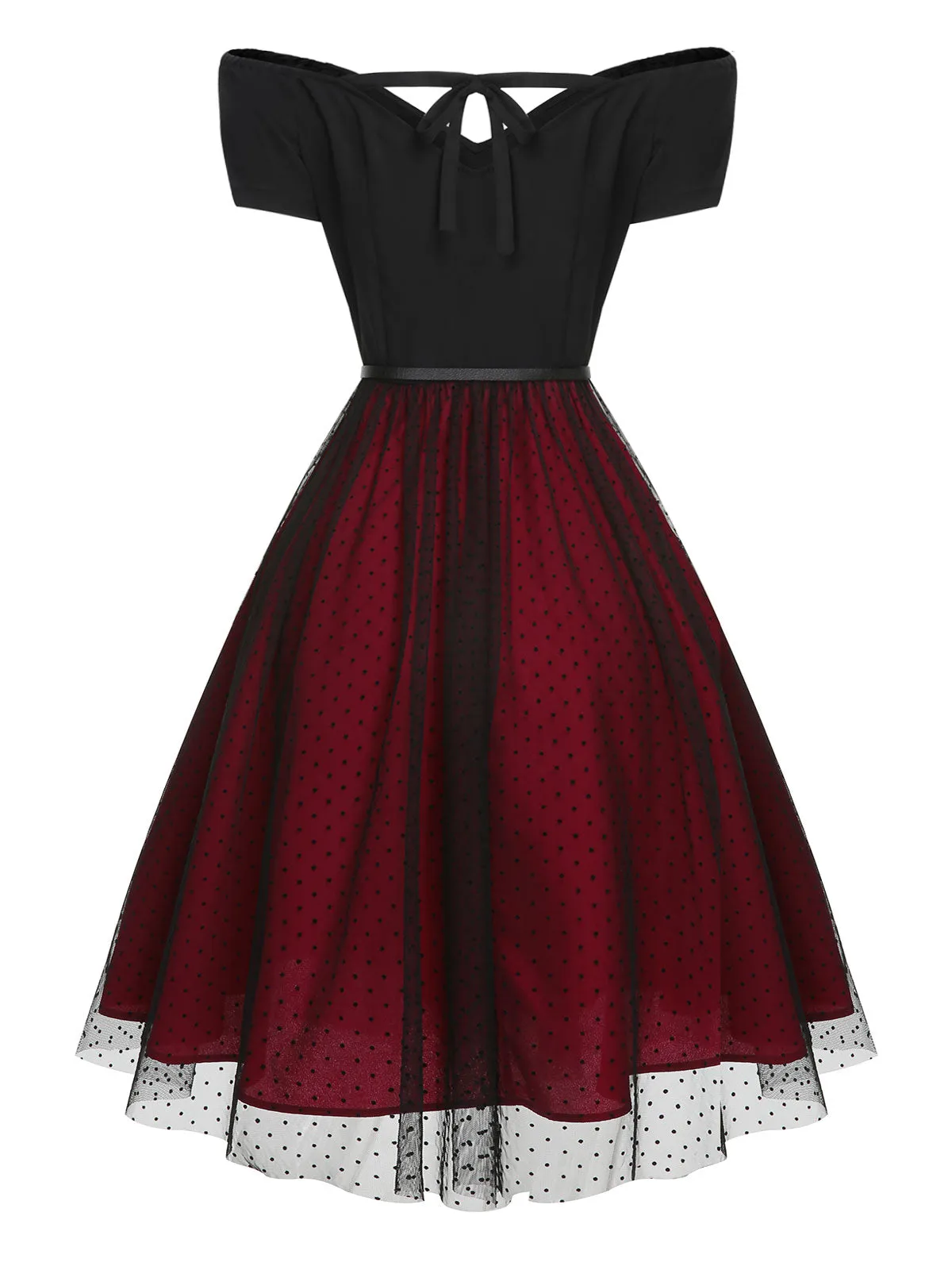 Wine Red 1950s Polka Dots Drop Shoulder Belt Dress