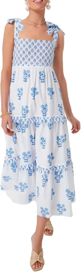 Women Floral Tie Shoulder Maxi Dress Sleeveless Square Neck Smocked Long Dress Boho Flowy Beach Sundress