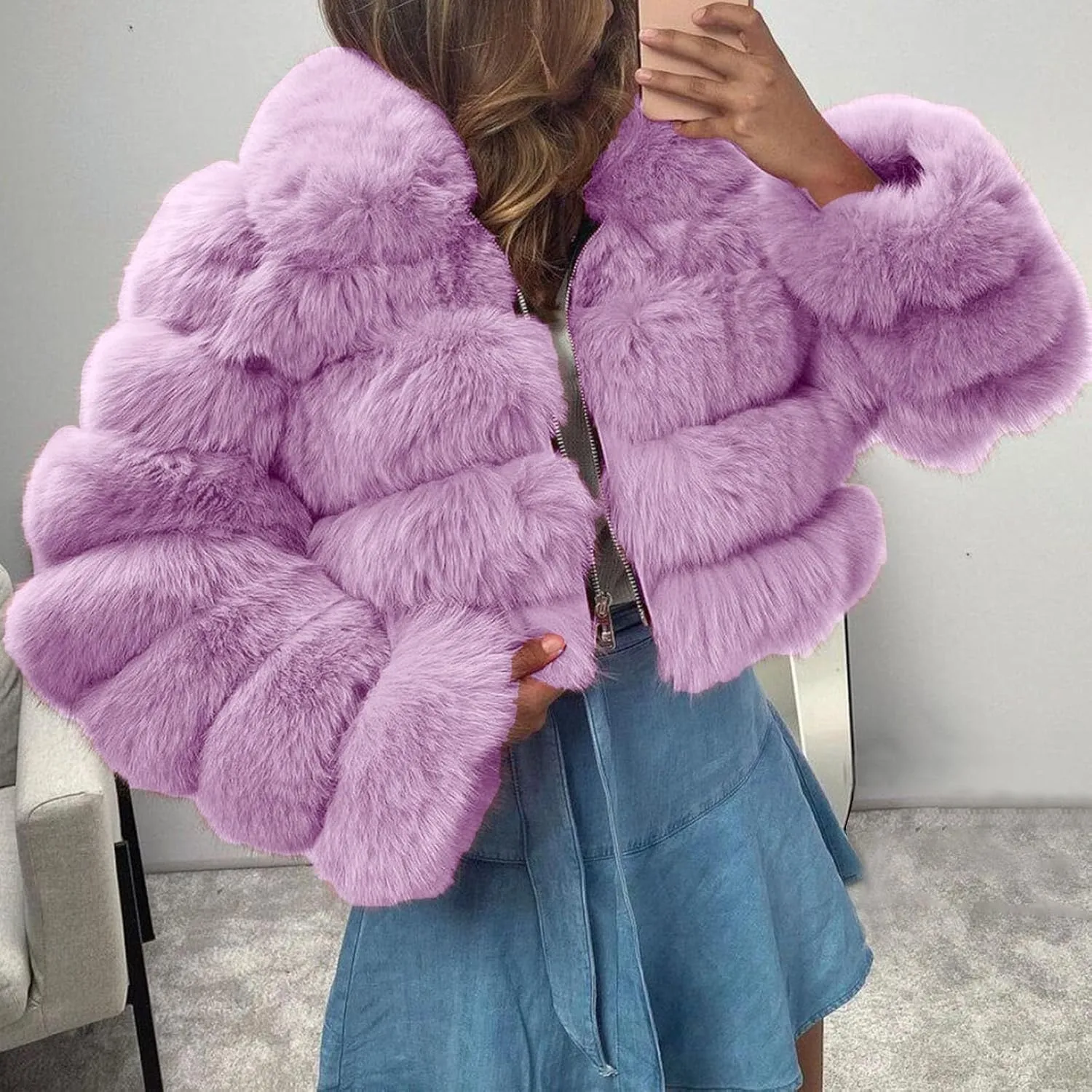 Women's Faux Fur Jacket Casual Fashion Cropped Coat Fluffy Shaggy Solid Outerwear Winter Warm Hooded Cardigan