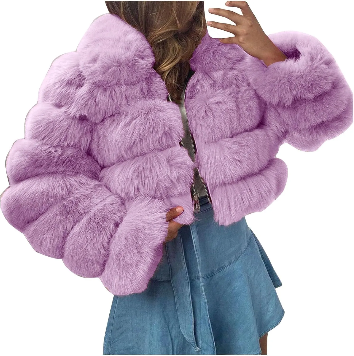 Women's Faux Fur Jacket Casual Fashion Cropped Coat Fluffy Shaggy Solid Outerwear Winter Warm Hooded Cardigan