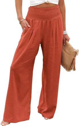 Women's Linen Palazzo Pants Summer High Waisted Boho Wide Leg Long Lounge Pant Trousers with Pocket