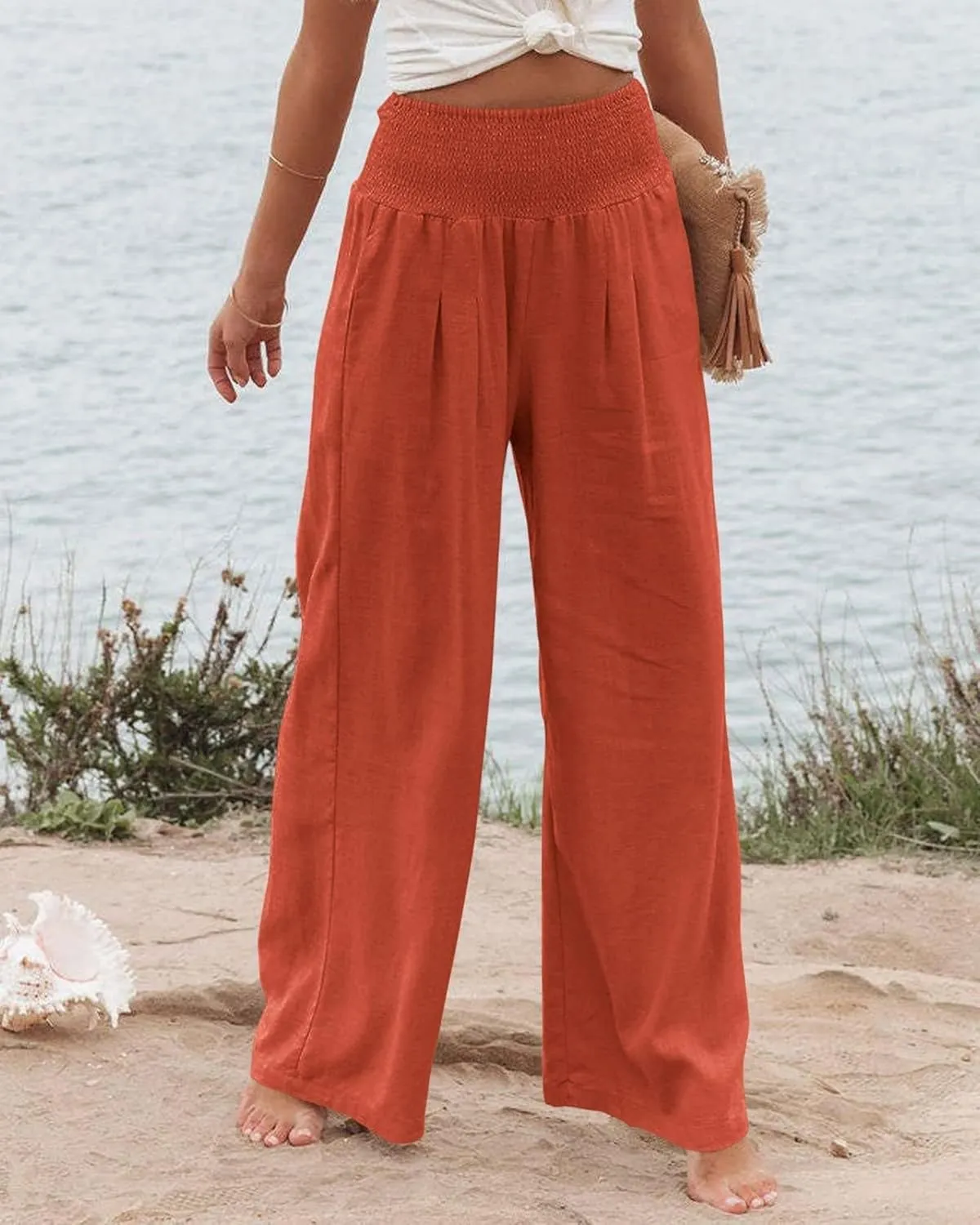 Women's Linen Palazzo Pants Summer High Waisted Boho Wide Leg Long Lounge Pant Trousers with Pocket