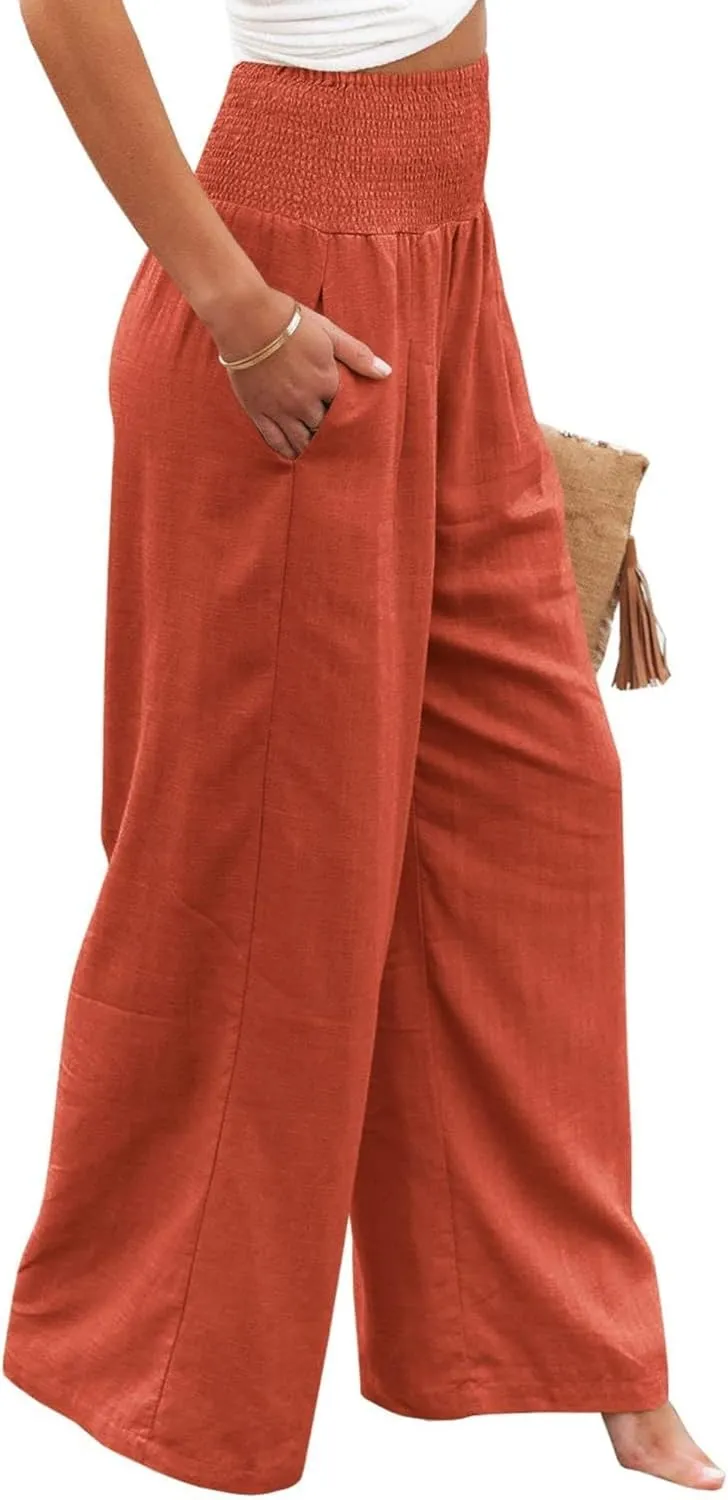 Women's Linen Palazzo Pants Summer High Waisted Boho Wide Leg Long Lounge Pant Trousers with Pocket