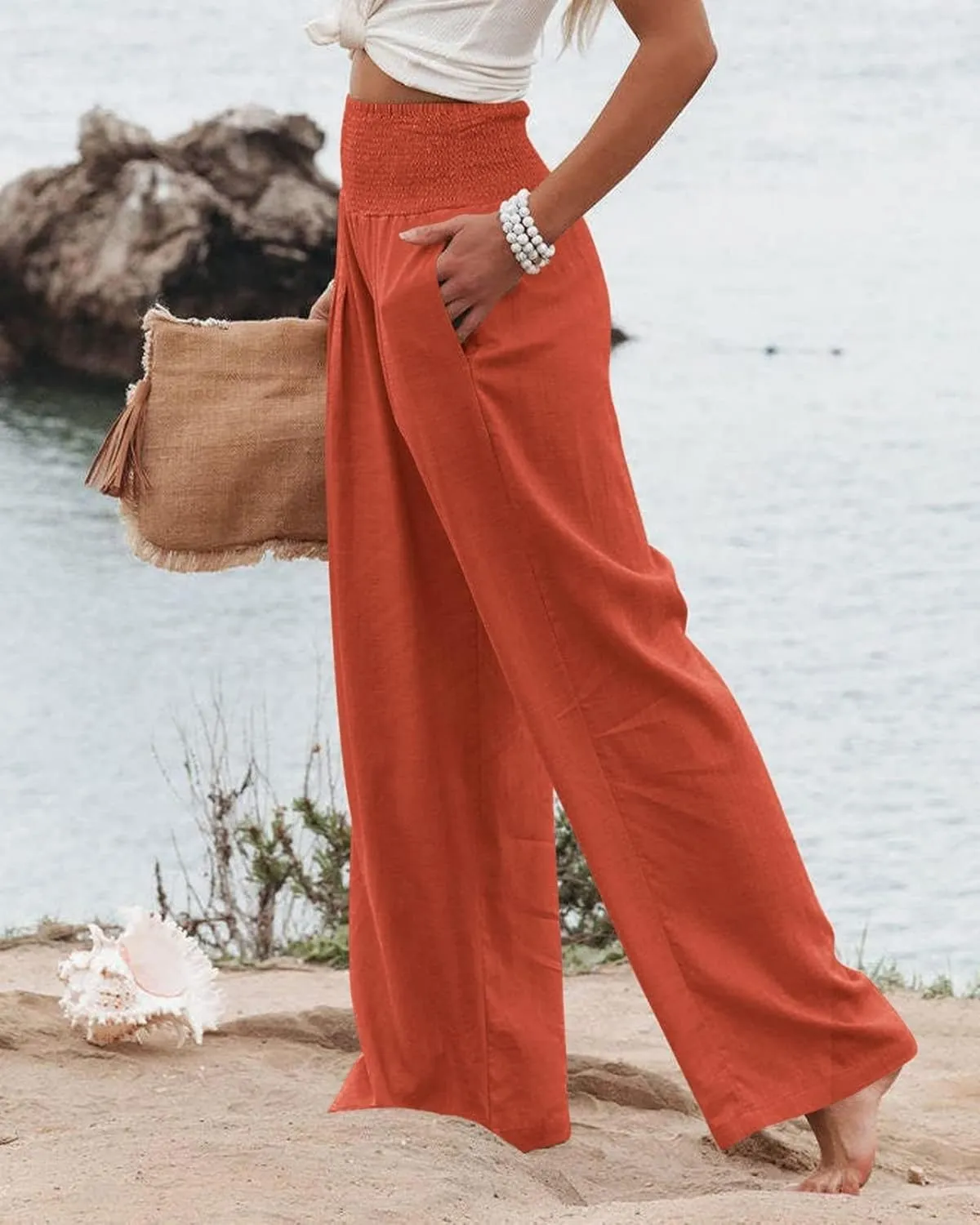 Women's Linen Palazzo Pants Summer High Waisted Boho Wide Leg Long Lounge Pant Trousers with Pocket