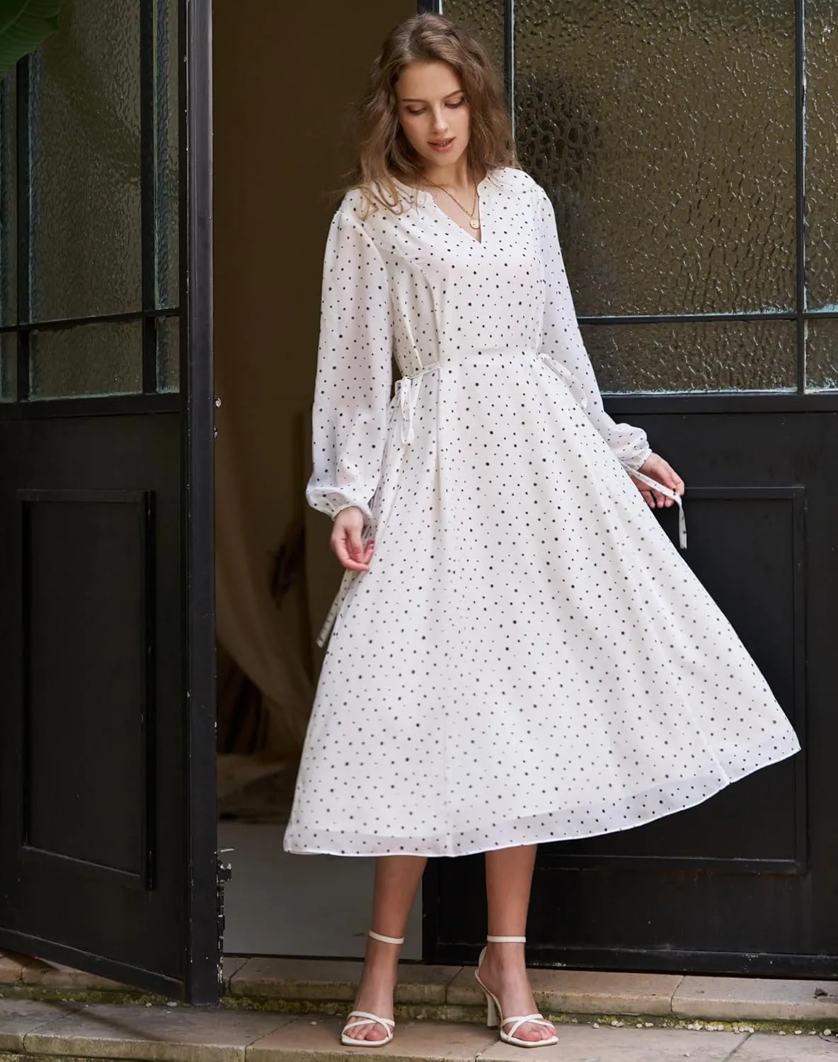 Women's Long Sleeve Midi Dress Spring 2025 Floral Tie Waist Chiffon Polka Dot Work Wedding Guest Dress with Pockets