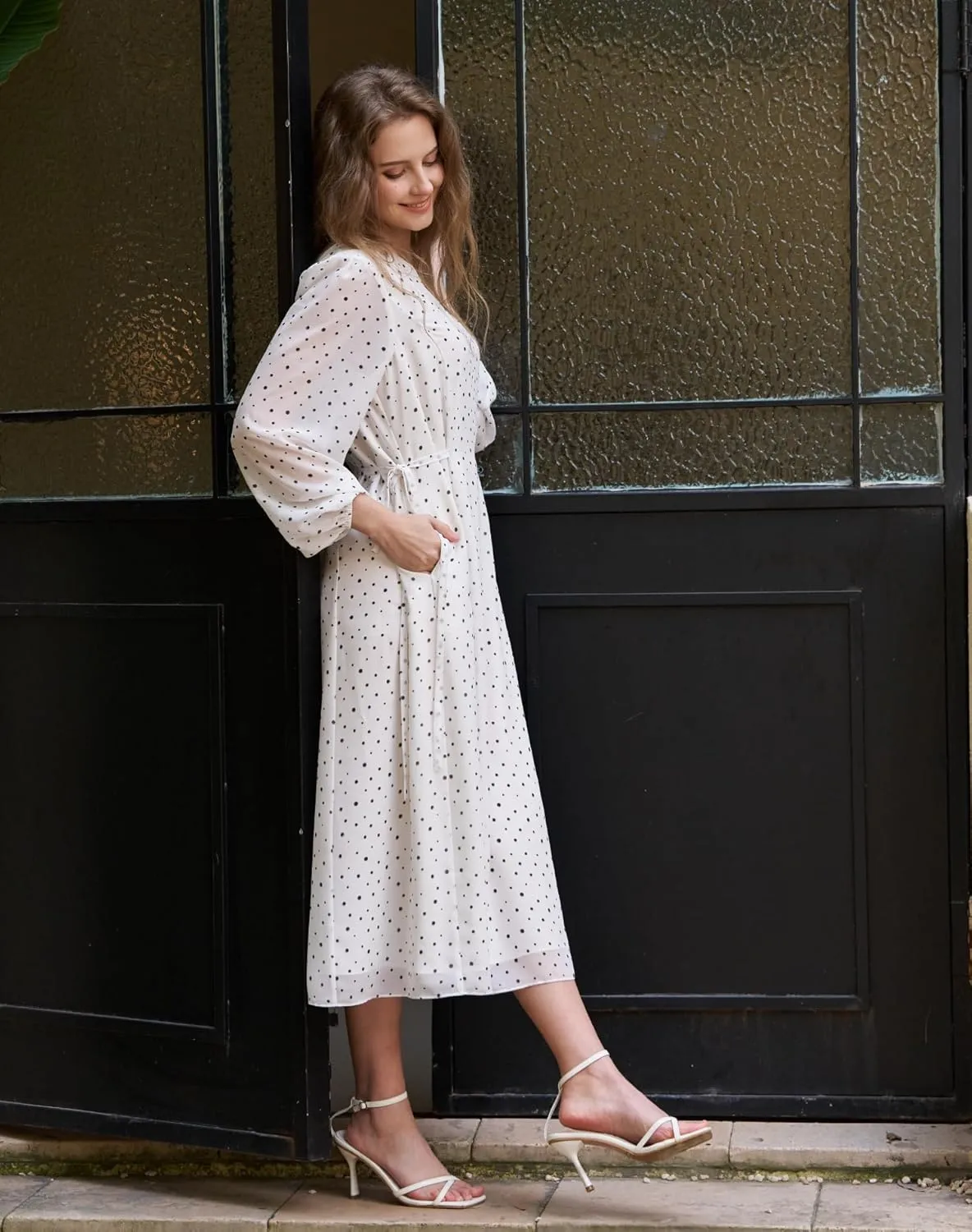 Women's Long Sleeve Midi Dress Spring 2025 Floral Tie Waist Chiffon Polka Dot Work Wedding Guest Dress with Pockets