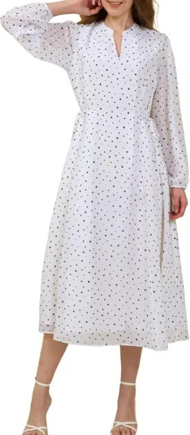 Women's Long Sleeve Midi Dress Spring 2025 Floral Tie Waist Chiffon Polka Dot Work Wedding Guest Dress with Pockets