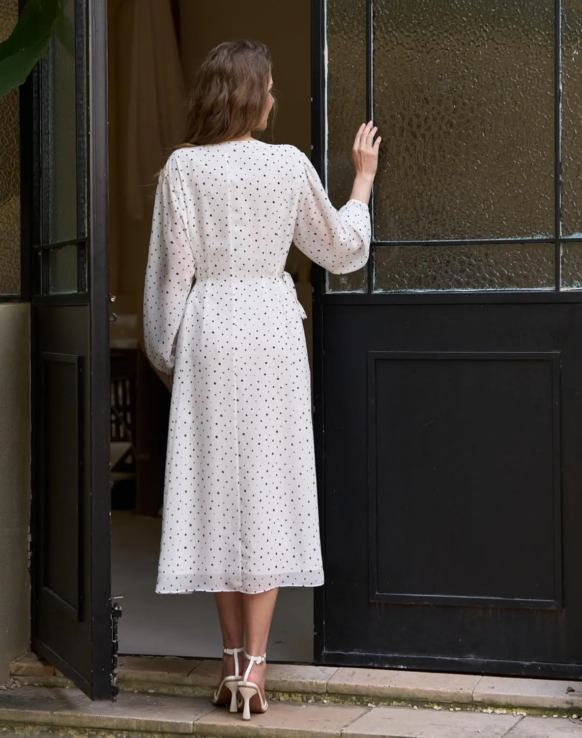 Women's Long Sleeve Midi Dress Spring 2025 Floral Tie Waist Chiffon Polka Dot Work Wedding Guest Dress with Pockets
