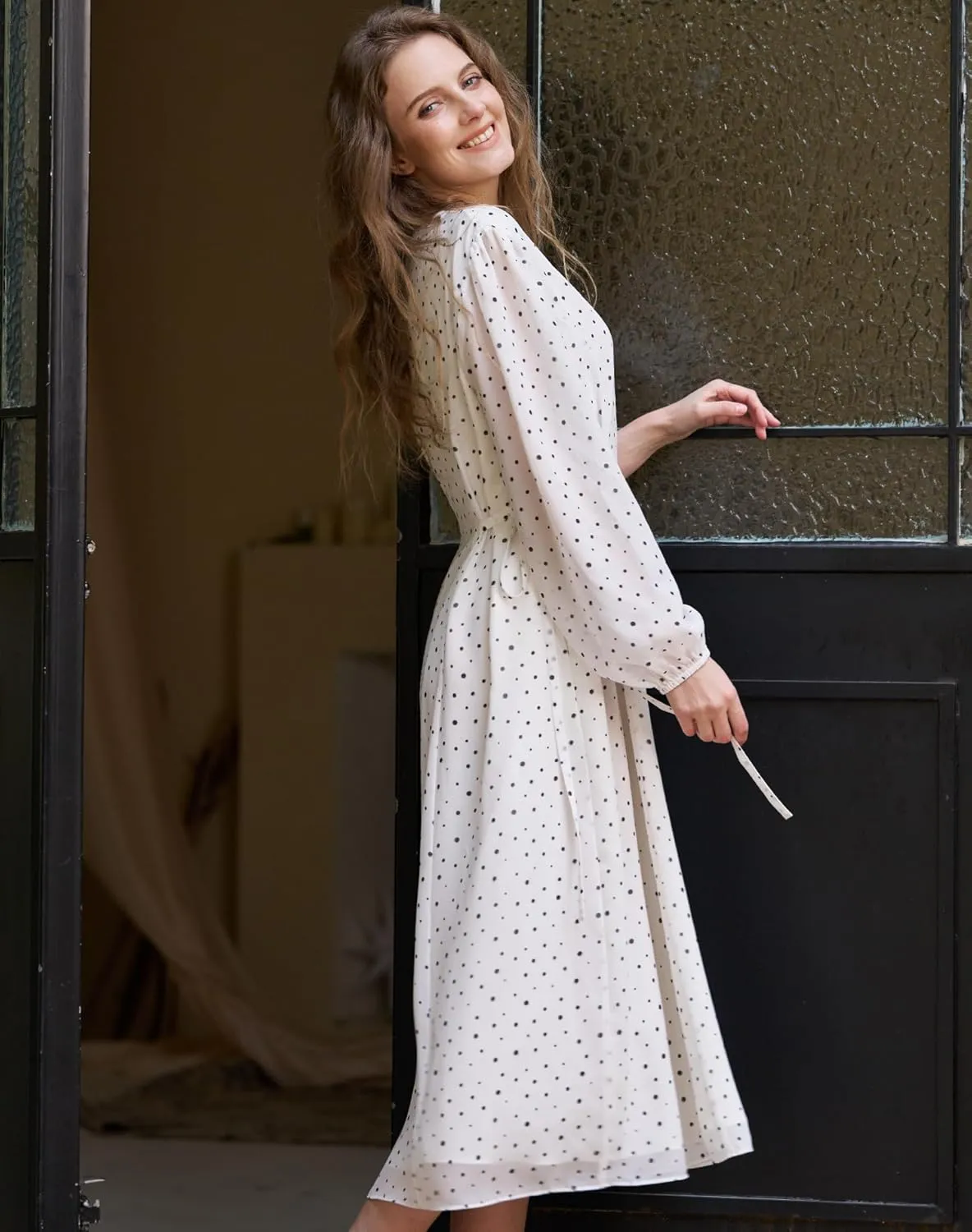 Women's Long Sleeve Midi Dress Spring 2025 Floral Tie Waist Chiffon Polka Dot Work Wedding Guest Dress with Pockets