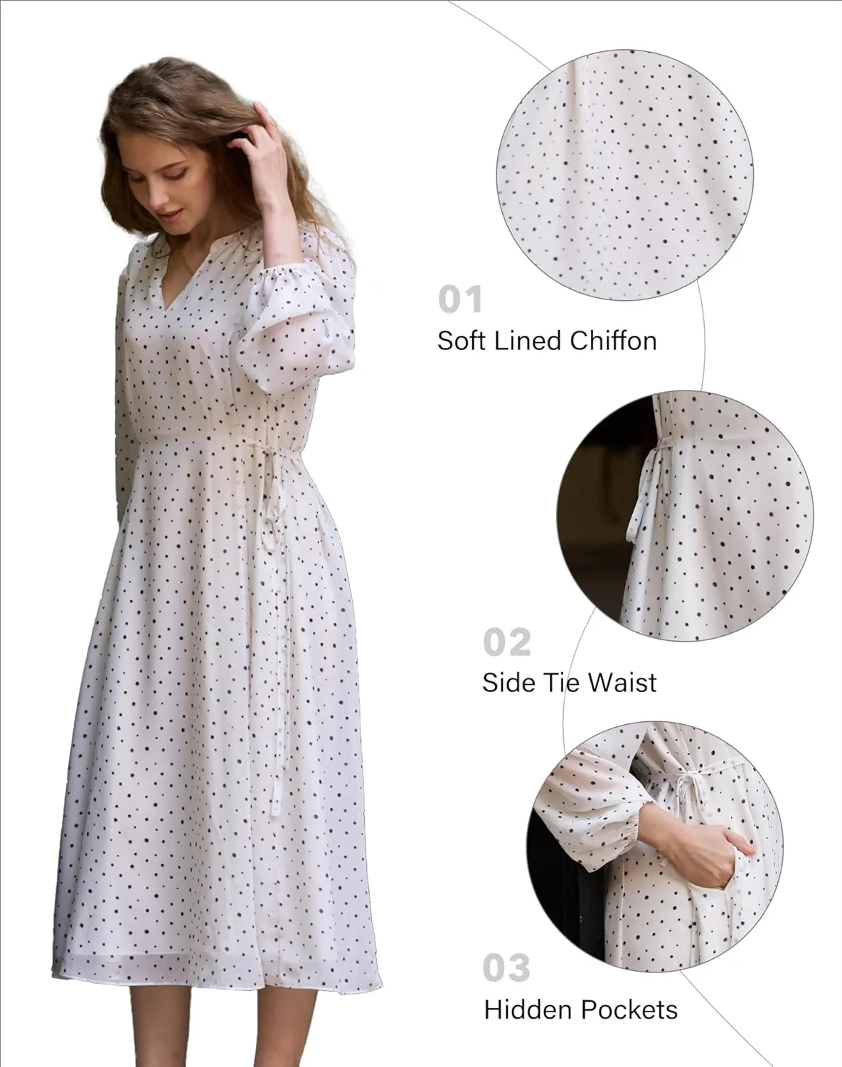 Women's Long Sleeve Midi Dress Spring 2025 Floral Tie Waist Chiffon Polka Dot Work Wedding Guest Dress with Pockets