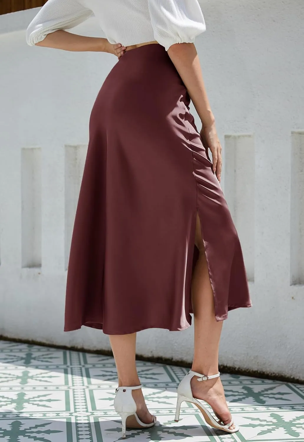 Womens Midi Satin Skirt Side Slit High Elastic Waisted Summer2025 Elegant Solid Skirts for Women