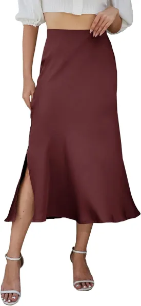 Womens Midi Satin Skirt Side Slit High Elastic Waisted Summer2025 Elegant Solid Skirts for Women