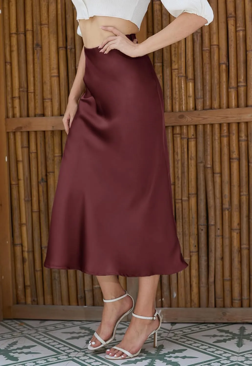 Womens Midi Satin Skirt Side Slit High Elastic Waisted Summer2025 Elegant Solid Skirts for Women