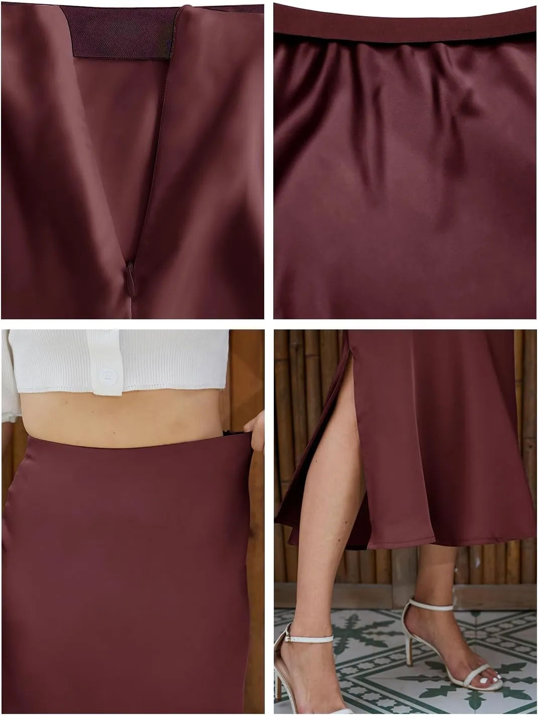 Womens Midi Satin Skirt Side Slit High Elastic Waisted Summer2025 Elegant Solid Skirts for Women