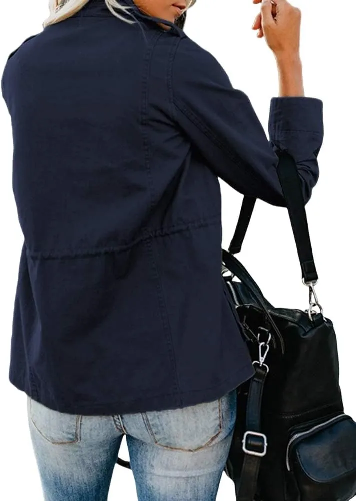 Women's Military Jackets Zip Up Snap Buttons Anorak Coat Utility Safari Jacket Lightweight Fall Outwear with Pockets