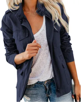 Women's Military Jackets Zip Up Snap Buttons Anorak Coat Utility Safari Jacket Lightweight Fall Outwear with Pockets