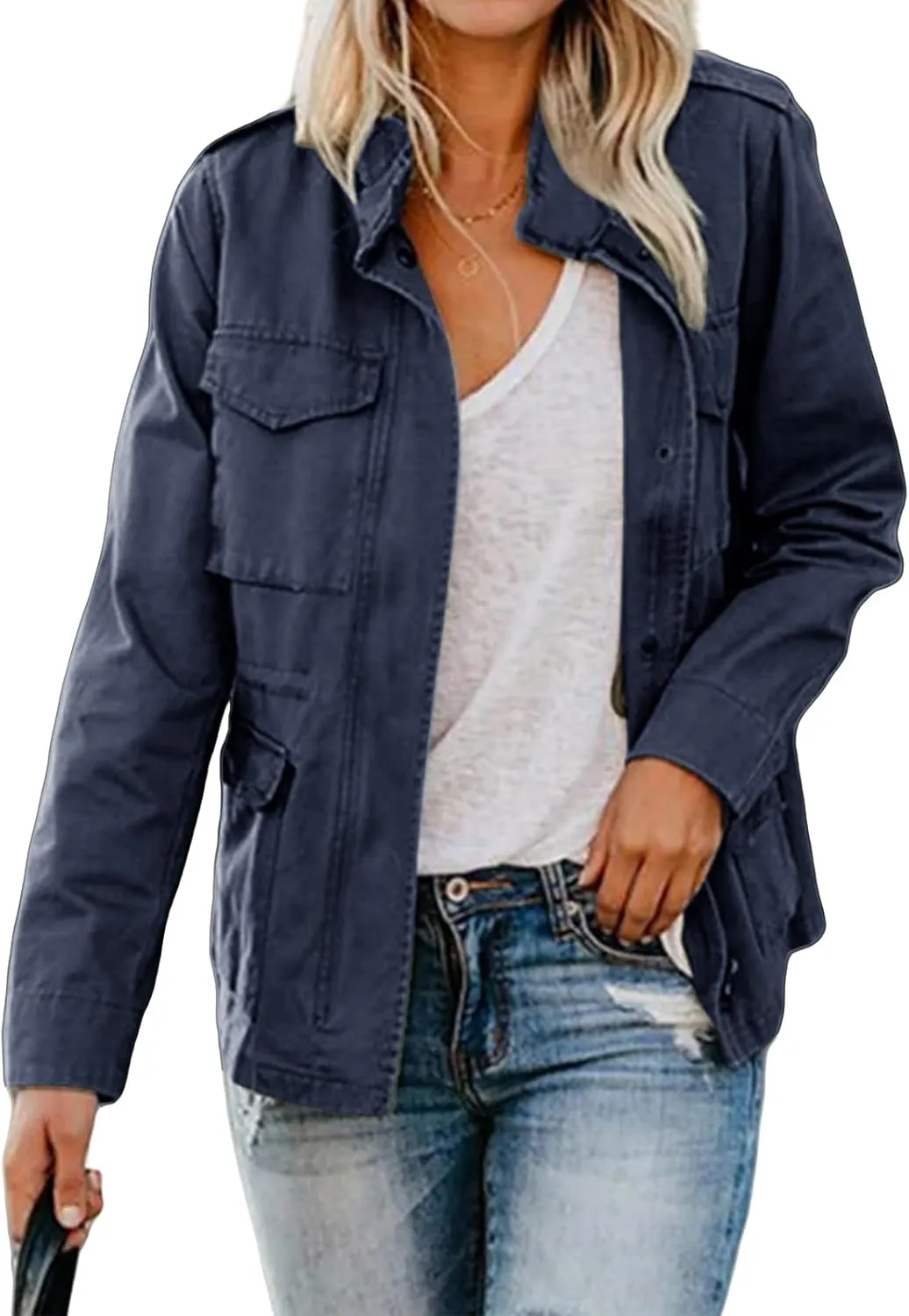 Women's Military Jackets Zip Up Snap Buttons Anorak Coat Utility Safari Jacket Lightweight Fall Outwear with Pockets