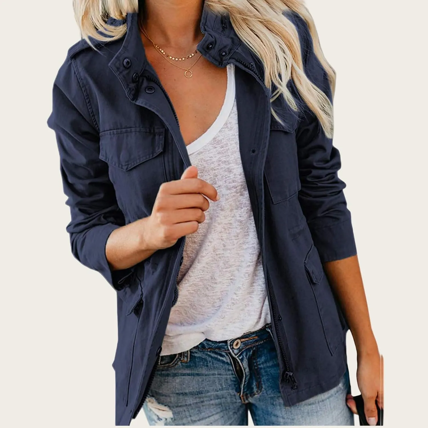Women's Military Jackets Zip Up Snap Buttons Anorak Coat Utility Safari Jacket Lightweight Fall Outwear with Pockets