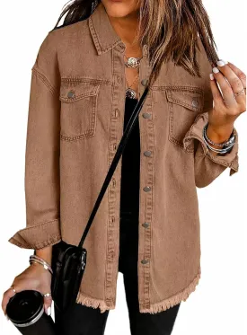 Women's Oversized Denim Jacket Lightweight Button Down Long Jean Jacket Casual Boyfriend Distresse Jacket Coats