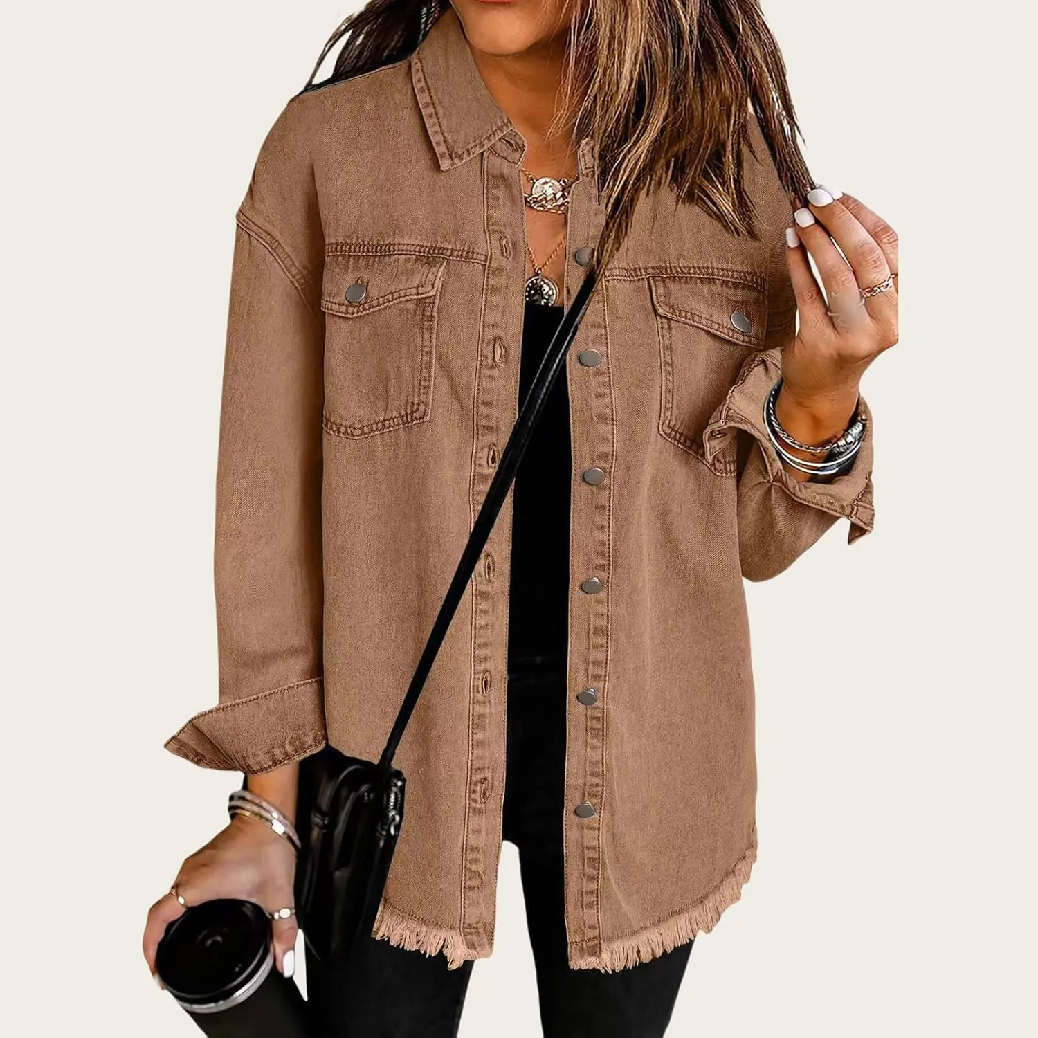 Women's Oversized Denim Jacket Lightweight Button Down Long Jean Jacket Casual Boyfriend Distresse Jacket Coats