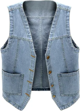 Women's Oversized Sleeveless Jean Denim Jacket Button Down Vest Top for Women Summer Fall Waistcoat Jeans Tops Coat